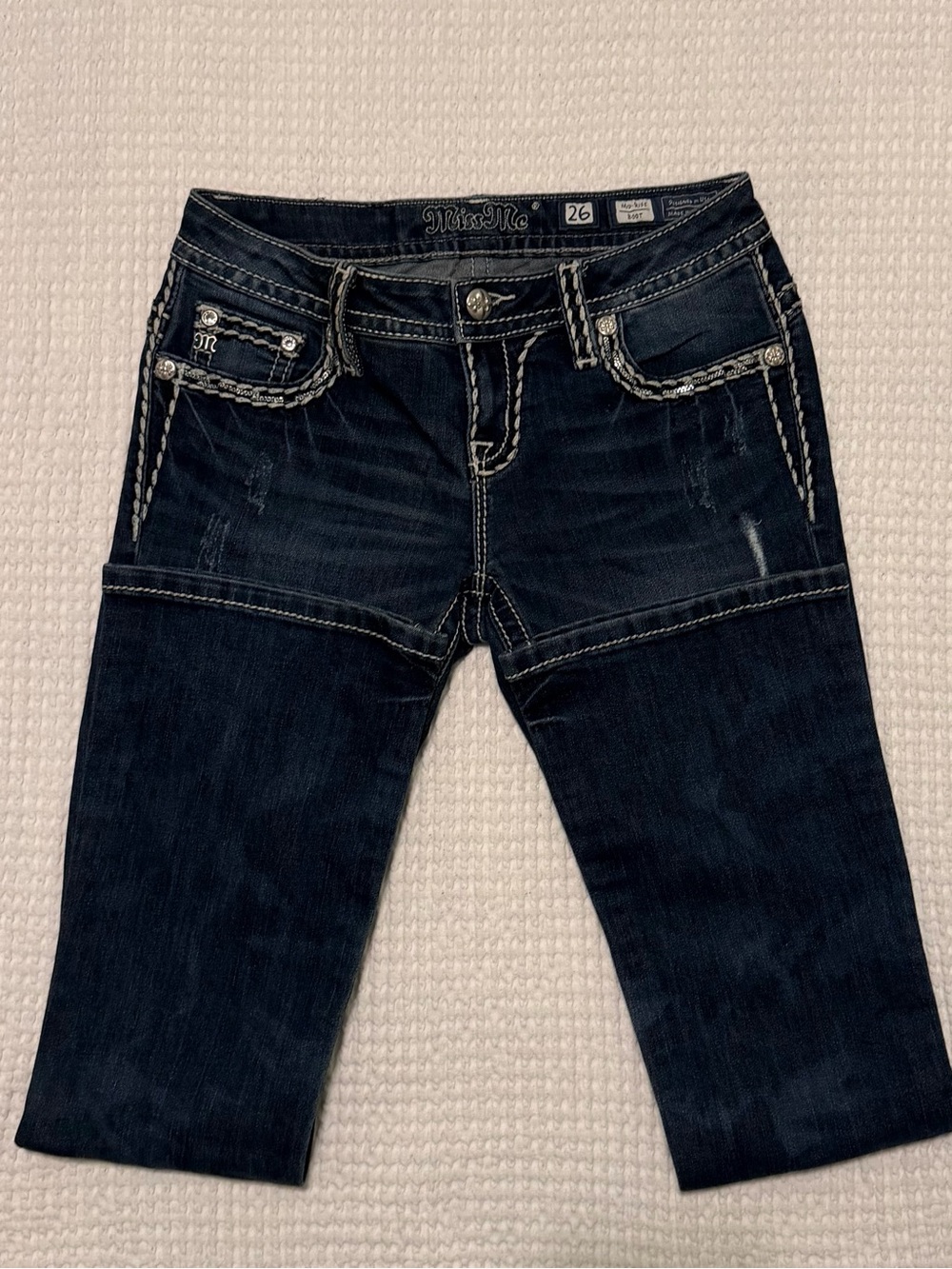Miss Me Mid-Rise Bootcut Jeans Size 26 Dark CAMO Wash - Picture 3 of 5